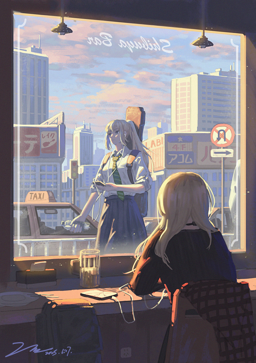 1girl absurdres beer_mug black_sweater blonde_hair blue_skirt bottle broken_screen building car city cityscape cloud cloudy_sky cup doppelganger earphones girls_band_cry green_necktie grey_eyes guitar guitar_case highres holding holding_bottle holding_guitar holding_instrument holding_phone instrument instrument_case kawaragi_momoka long_bangs long_hair looking_outside motor_vehicle mug necktie official_alternate_costume phone ponytail red_shirt road_sign scenery school_uniform shirt sign signature skirt sky striped_clothes sweater taxi traffic_light user_kyxw3427 warning_sign water_bottle