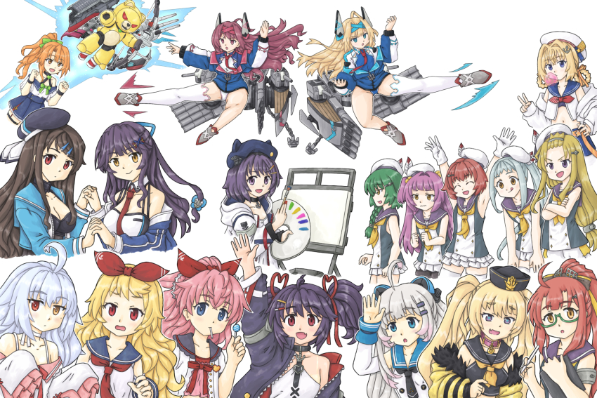 6+girls :d :q ahoge anchor anchor_ornament animal_ears arms_up artillery aulick_(azur_lane) azur_lane bache_(azur_lane) bare_shoulders beret black_choker black_headwear black_legwear black_sailor_collar blonde_hair blowing_bubble_gum blowing_bubbles blue_eyes blue_headwear blue_jacket blue_sailor_collar blue_skirt bow braid breasts brown_hair bush_(azur_lane) candy canvas_(object) charles_ausburne_(azur_lane) chewing_gum choker cleavage collar crossed_arms detached_sleeves donyagongin fake_animal_ears fletcher_(azur_lane) food foote_(azur_lane) fur-trimmed_jacket fur_trim glasses gloves green-framed_eyewear green_bow green_hair grey_hair hair_bow hair_ornament hair_ribbon halsey_powell_(azur_lane) hat hazelwood_(azur_lane) headgear heart heart-shaped_pupils heterochromia highres holding holding_candy holding_food holding_lollipop holding_paintbrush holding_pen jacket jenkins_(azur_lane) kimberly_(azur_lane) layered_skirt lollipop long_hair long_sleeves looking_at_viewer low_ponytail medium_breasts midriff miniskirt morrison_(azur_lane) mullany_(azur_lane) multiple_girls necktie nicholas_(azur_lane) non-humanoid_robot off-shoulder_shirt off_shoulder open_clothes open_jacket open_mouth orange_eyes orange_hair paint paintbrush panties pantyhose pen ponytail purple_eyes purple_headwear purple_sailor_collar radford_(azur_lane) red_bow red_eyes red_hair red_neckwear red_ribbon ribbon rigging robot robot_animal sailor_collar sailor_hat semi-rimless_eyewear ship_turret shirt short_hair simple_background single_thighhigh skirt small_breasts smalley_(azur_lane) smile spence_(azur_lane) stanly_(azur_lane) stephen_potter_(azur_lane) stomach symbol-shaped_pupils tan tanline thatcher_(azur_lane) thighhighs tongue tongue_out torpedo_tubes twintails underwear v very_long_hair white_background white_gloves white_headwear white_jacket white_legwear white_panties white_shirt white_skirt x_hair_ornament yellow_eyes yellow_jacket yellow_neckwear