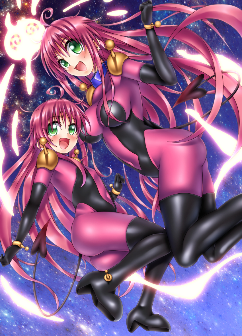 2girls absurdres aged_down ahoge ass bodysuit breasts cosplay crossover demon_tail dual_persona g_gundam green_eyes gundam highres lala_satalin_deviluke large_breasts long_hair looking_at_viewer mecha_pilot_suit mobile_trace_suit multiple_girls oooqqq open_mouth peke pink_bodysuit pink_hair skin_tight smile tail time_paradox to_love-ru to_love-ru_darkness