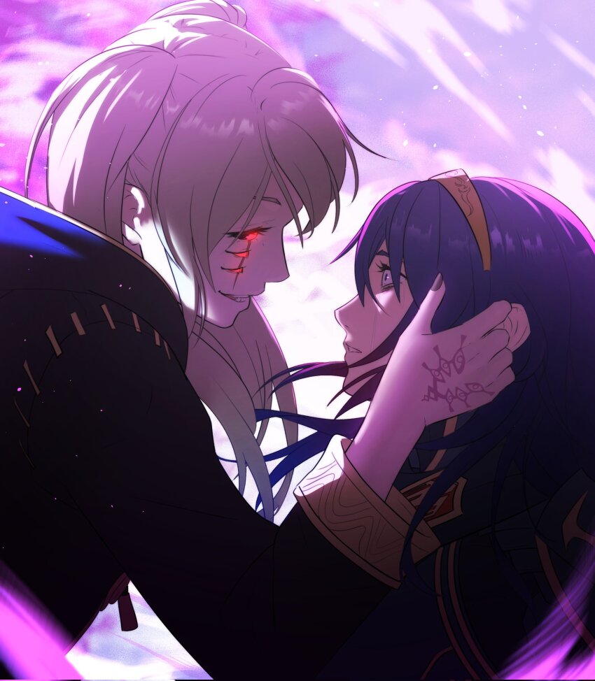 2girls black_robe blue_eyes blue_hair commentary crying crying_with_eyes_open dark_persona english_commentary evil_smile eyes_of_grima fire_emblem fire_emblem_awakening from_side grima_(fire_emblem) grin highres hooded_robe long_hair long_sleeves looking_at_another lucina_(fire_emblem) mother_and_daughter multiple_girls nintendo purple_sky red_eyes robe robin_(female)_(fire_emblem) robin_(fire_emblem) sky smile tears teeth tiara twintails vibratix white_hair wide-eyed