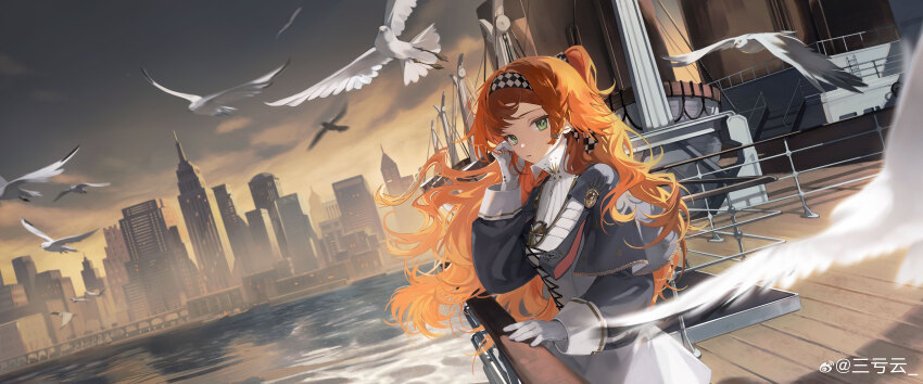 1girl absurdres adjusting_hair bird building checkered_hairband city cloud collared_dress dress dutch_angle floating_hair from_side gloves green_eyes grey_cloak grey_sky hairband hand_in_own_hair hand_on_railing hand_up high_collar highres long_hair long_sleeves looking_at_viewer ocean orange_hair parted_lips puffy_long_sleeves puffy_sleeves reverse:1999 sanmuyun seagull ship ship_deck sky skyline solo sonetto_(reverse:1999) too_many too_many_birds two_side_up upper_body watercraft watermark weibo_watermark white_dress white_gloves