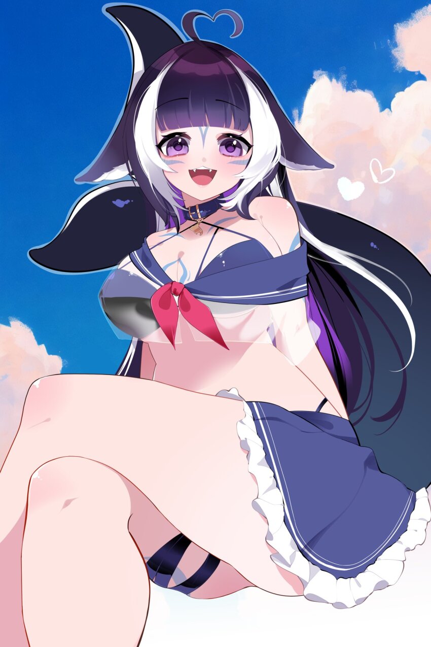 1girl ahoge animal_collar bare_shoulders bikini black_bikini black_collar black_hair blue_sailor_collar blue_skirt breasts cetacean_tail cleavage cloud collar crop_top crossed_legs facial_mark fangs fins fish_tail frilled_skirt frills heart heart_ahoge highres himary_art indie_virtual_youtuber long_hair multicolored_hair pink_ribbon purple_eyes ribbon sailor_collar see-through_clothes see-through_shirt shirt shylily shylily_(1st_costume) skirt sky solo streaked_hair swimsuit tail two-tone_hair virtual_youtuber white_hair