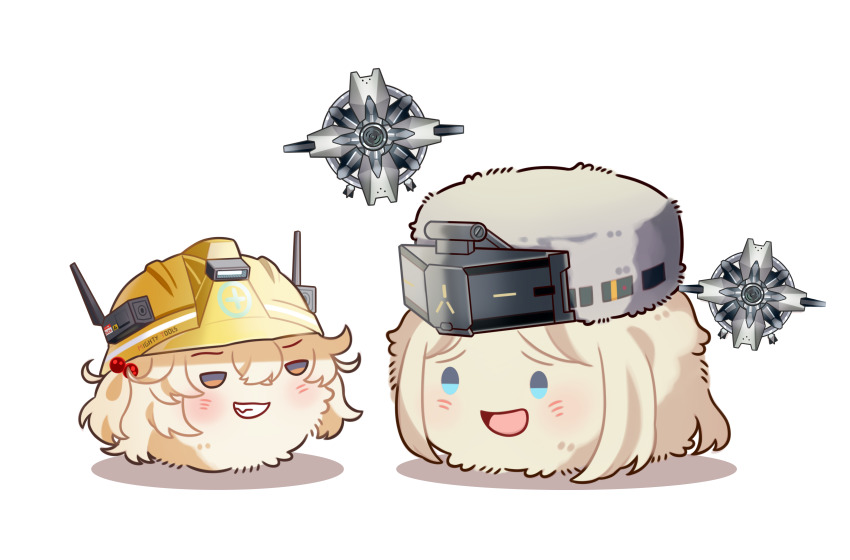 2girls absurdres blonde_hair blue_eyes brown_eyes centi_(nikke) commission commissioner_upload drone full_body furball goddess_of_victory:_nikke hard_hat hat helmet highres light_blush liter_(nikke) mighty_tools_(nikke) multiple_girls non-web_source open_mouth shadow smile teeth transparent_background yellow_hat yuutama2804