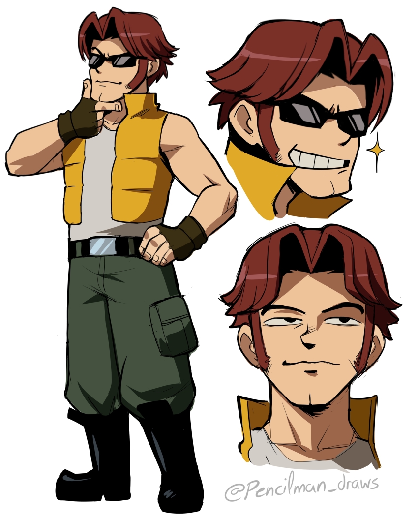 1boy absurdres belt black_belt black_boots black_eyes boots brown_gloves brown_hair cargo_pants cleft_chin commentary fingerless_gloves gloves green_pants grin hand_on_own_chin highres long_sideburns male_focus metal_slug muscular muscular_male pants pencilman_draws sideburns smile sparkle sunglasses tarma_roving twitter_username vest yellow_vest