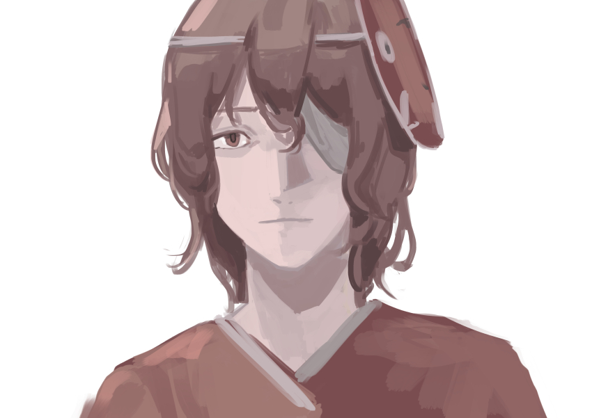 1other absurdres ametsukana_yago androgynous bandage_over_one_eye brown_eyes brown_hair chinese_commentary closed_mouth commentary_request expressionless hair_between_eyes highres japanese_clothes kanghan_kang_yanjian kimono len&#039;en looking_at_viewer mask mask_on_head noh_mask one-eyed other_focus red_kimono red_mask short_hair simple_background solo straight-on upper_body white_background