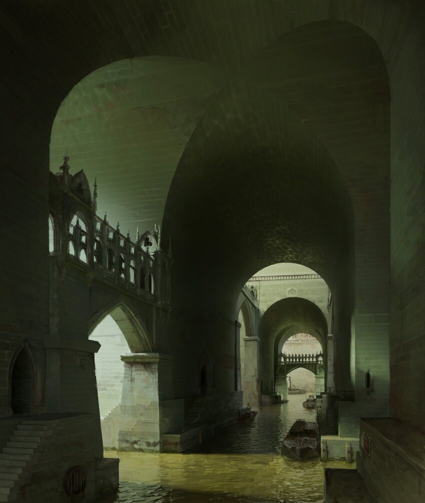 absurdres arched_window architecture building canal doorway drain_(object) gondola highres no_humans original pier railing reflection reflective_water scenery shadow stairs stone_stairs stone_walkway vaulted_ceiling water whaleoil window