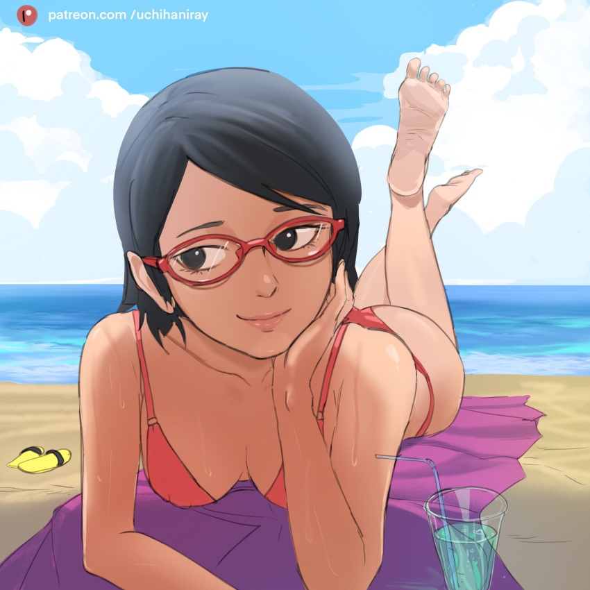 1girl artist_name beach bikini black_eyes black_hair blue_sky boruto:_naruto_next_generations boruto:_naruto_the_movie breasts cloud cloudy_sky flip-flops glass glasses highres looking_to_the_side naruto_(series) ocean patreon_logo patreon_username red-framed_eyewear red_bikini rug sandals short_hair sky small_breasts smile soda sweat swimsuit uchiha_sarada uchihaniray