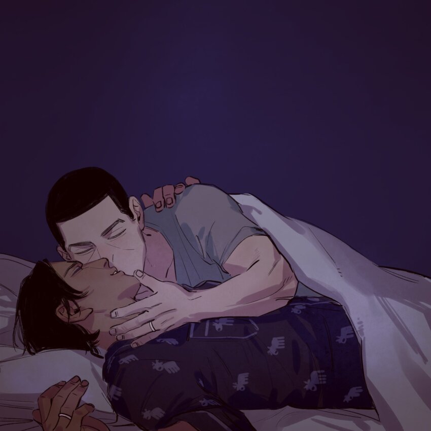 bed black_hair blanket chengongzi123 closed_eyes dark-skinned_male dark_skin facing_another golden_kamuy grey_shirt grin highres jewelry kiss kissing_cheek koito_otonoshin on_bed pajamas pillow purple_background purple_pajamas ring shirt short_hair short_sleeves simple_background smile tsukishima_hajime upper_body very_short_hair yaoi