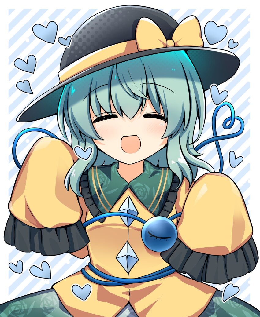 1girl absurdres black_hat blouse blush bow buttons closed_eyes cowboy_shot diamond_button eyeball facing_viewer floral_print frilled_shirt_collar frilled_sleeves frills green_hair green_skirt hair_between_eyes hat hat_bow hat_ribbon heart heart_of_string highres komeiji_koishi long_sleeves medium_hair open_mouth rapameri ribbon rose_print shirt skirt sleeves_past_fingers sleeves_past_wrists smile solo striped_background third_eye touhou wide_sleeves yellow_bow yellow_ribbon yellow_shirt