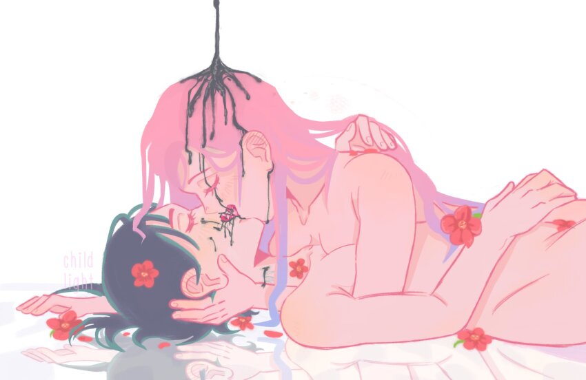 2girls alien_stage artist_name asymmetrical_docking black_hair blush breast_press breasts childlight_art closed_eyes commentary completely_nude ear_blush flower gradient_hair hand_in_another&#039;s_hair hand_on_another&#039;s_face hashtag-only_commentary highres ink kiss long_hair medium_breasts mizi_(alien_stage) multicolored_hair multiple_girls nude pink_hair purple_hair red_flower short_hair simple_background sua_(alien_stage) white_background yuri