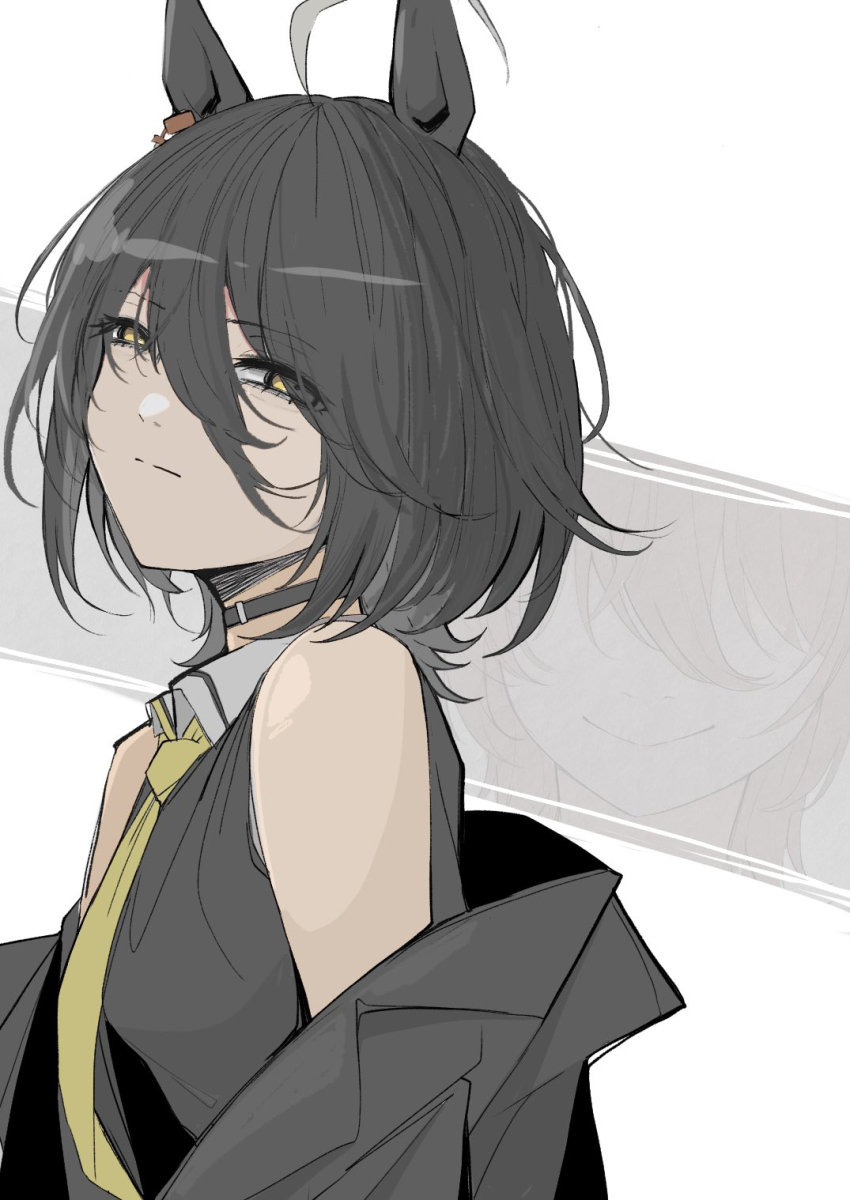 1girl agnes_tachyon_(umamusume) ahoge alternate_hair_length alternate_hairstyle animal_ears black_choker black_jacket black_shirt bob_cut brown_hair choker collared_shirt earrings hair_between_eyes highres horse_ears horse_girl jacket jewelry kawamochi_(tddm3573) light_frown long_bangs long_hair_between_eyes looking_at_viewer manhattan_cafe_(umamusume) multicolored_hair necktie open_clothes open_jacket shirt short_hair simple_background single_earring sleeveless sleeveless_shirt smile solo umamusume white_background white_hair wolf_cut yellow_eyes yellow_necktie