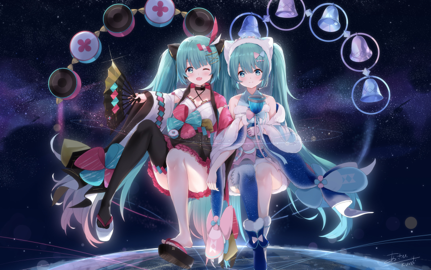 1girl 2girls :d aqua_eyes aqua_hair asahi_kuroi asymmetrical_gloves bell black_thighhighs blue_gloves blunt_bangs boots bow collared_shirt criss-cross_halter detached_sleeves fang flip-flops fur-trimmed_boots fur_trim gloves hair_between_eyes hair_bow hair_ornament hairpin halterneck hand_fan hatsune_miku headband highres holding jacket japanese_clothes kimono long_hair looking_at_viewer magical_mirai_(vocaloid) magical_mirai_miku magical_mirai_miku_(2020_summer) magical_mirai_miku_(2020_winter) microphone mismatched_gloves multiple_girls multiple_persona off_shoulder one_eye_closed open_mouth pink_gloves platform_footwear sandals shirt single_thighhigh sitting skin_fang sky smile speaker star_(sky) star_(symbol) star_print starry_sky thighhighs twintails two-tone very_long_hair vocaloid x_hair_ornament
