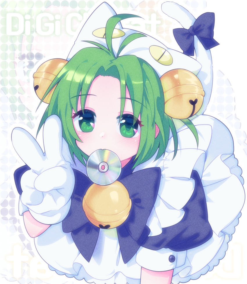 1girl animal_ears animal_hat apron bell bow cat_ears cat_hat cat_tail cd commentary copyright_name dejiko di_gi_charat dress fran_(fran122) gloves green_eyes green_hair hair_bell hair_ornament hat highres jingle_bell looking_at_viewer mouth_hold short_hair short_sleeves solo tail v zoom_layer