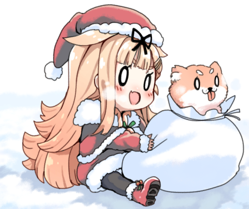 0_0 1girl black_pantyhose blonde_hair boots capelet dog dress dyson_(edaokunnsaikouya) fang fur-trimmed_boots fur-trimmed_capelet fur-trimmed_dress fur-trimmed_headwear fur_trim hair_ribbon hat highres kantai_collection long_hair pantyhose red_capelet red_dress red_footwear red_hat ribbon sack santa_costume santa_dress santa_hat shiba_inu skin_fang yuudachi_(kancolle) yuudachi_kai_ni_(kancolle)