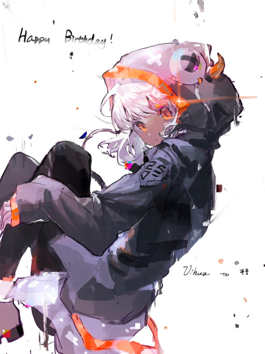 1girl black_jacket black_pants chinese_commentary closed_mouth commentary_request cytus cytus_ii expressionless happy_birthday highres hood hood_up hooded_jacket horns ivy_(cytus) jacket long_sleeves medium_hair orange_eyes orange_horns orange_trim pants simple_background sleeves_past_wrists solo vihua6 white_background white_hair