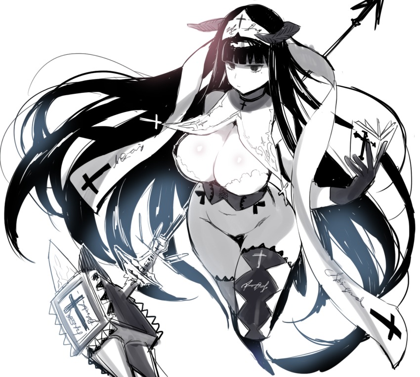 1girl breasts cleavage curvy demon_girl female_focus glaring highres jitome large_breasts long_hair mole mole_under_eye monochrome navel nito_(siccarol) nun original simple_background solo thick_thighs thighs unorns very_long_hair white_background wide_hips