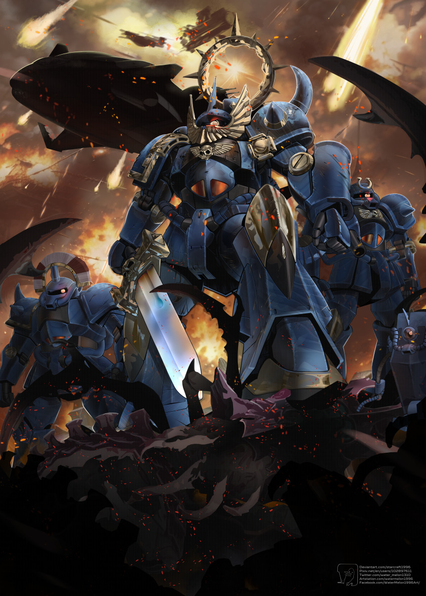 absurdres adeptus_astartes aircraft aquila_(symbol) armor artist_name artstation_username asymmetrical_armor battle battle_damage blue_armor bullet_hole cloud cloudy_sky corpse crossover destruction deviantart_username embers facebook_username fire fireball from_below fusion glowing glowing_eyes gouf gundam highres holding holding_sword holding_weapon joints mecha mechabare mobile_suit mobile_suit_gundam one-eyed ornate_armor outdoors pauldrons pile_of_corpses pixiv_username plume power_sword red_eyes reflective_surface robot robot_joints science_fiction scratched_paint shoulder_armor sky spacecraft spiked_pauldrons sword twitter_username tyranid ultramarines war warhammer_40k watermelonsfw weapon zeon