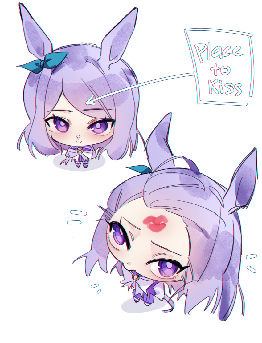 1girl absurdres animal_ears arrow_(symbol) blue_bow blush bow chibi closed_mouth commentary ear_bow english_commentary english_text fisheye from_above highres horse_ears horse_girl horse_tail jenshenya kiss kissing_forehead lipstick_mark lipstick_mark_on_face lipstick_mark_on_forehead long_hair mejiro_mcqueen_(umamusume) meme multiple_views place_lips_here_(meme) purple_eyes purple_hair purple_serafuku purple_shirt purple_skirt purple_thighhighs sailor_collar school_uniform serafuku shirt simple_background skirt smile split_mouth tail thighhighs tracen_school_uniform umamusume white_background white_bow winter_uniform