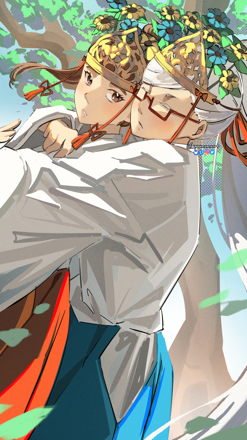 2girls absurdres arm_around_neck ayase_momo ayase_seiko blue_hakama blue_sky blush brown_eyes brown_hair closed_eyes closed_mouth commentary cowboy_shot dandadan flower from_side glasses grandmother_and_granddaughter hair_flower hair_ornament hakama hakama_pants headpiece high_ponytail highres hug hug_from_behind japanese_clothes kimono knowname long_hair long_sleeves looking_at_another mature_female medium_hair miko multiple_girls outdoors pants parted_lips ponytail red_hakama semi-rimless_eyewear sky tassel tree twitter_username under-rim_eyewear white_hair white_kimono wide_sleeves