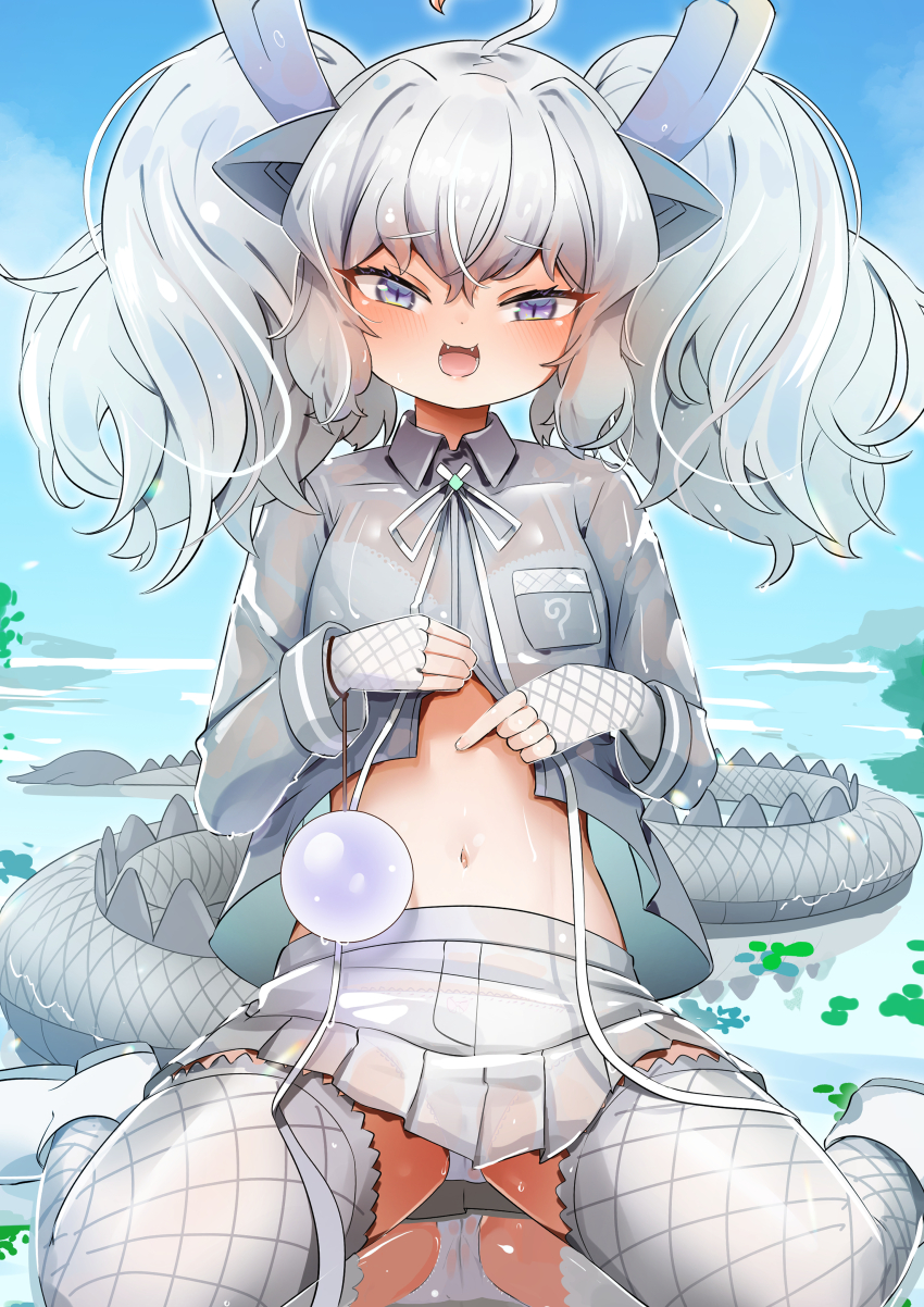 1girl absurdres animal_ears blush bra breasts clothes_lift commentary_request dragon_ears dragon_girl dragon_horns dragon_tail extra_ears fangs fingerless_gloves garter_straps gloves hair_between_eyes hawawam31677 highres horns kemono_friends kemono_friends_3 kneeling long_hair looking_at_viewer multicolored_hair navel open_mouth panties pantyshot pond reflection reflective_water see-through_clothes shirt shirt_lift skirt small_breasts smile solo tail thighhighs twintails underwear white_dragon_(kemono_friends) white_hair white_panties