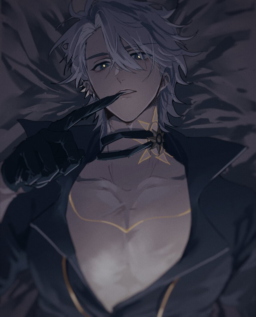 1boy absurdres biting biting_glove black_gloves black_shirt blue_eyes collared_shirt ggtnnk gloves grey_hair hair_between_eyes highres honkai:_star_rail honkai_(series) looking_at_viewer lying male_focus official_alternate_costume on_back on_bed open_clothes open_shirt parted_bangs pectoral_cleavage pectorals phainon_(fashion)_(honkai:_star_rail) phainon_(honkai:_star_rail) shirt short_hair solo upper_body yellow_pupils