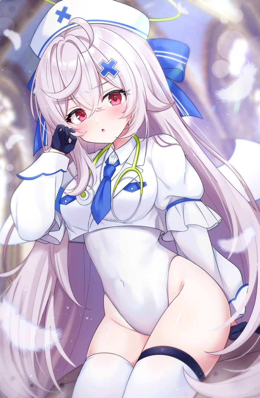 1girl :o beatrixa_(stella_sora) black_gloves blue_bow blue_necktie blurry blurry_background bow breasts collared_shirt commentary_request cropped_jacket depth_of_field feathers gloves grey_hair hair_between_eyes half_gloves halo hat highres jacket layered_sleeves leotard long_sleeves looking_at_viewer medium_breasts necktie nurse nurse_cap parted_lips puffy_long_sleeves puffy_short_sleeves puffy_sleeves red_eyes shirt short_necktie short_over_long_sleeves short_sleeves solo stella_sora stethoscope_around_neck striped_bow thighhighs white_feathers white_hat white_jacket white_leotard white_shirt white_thighhighs white_wings wings yomogi_(becr)