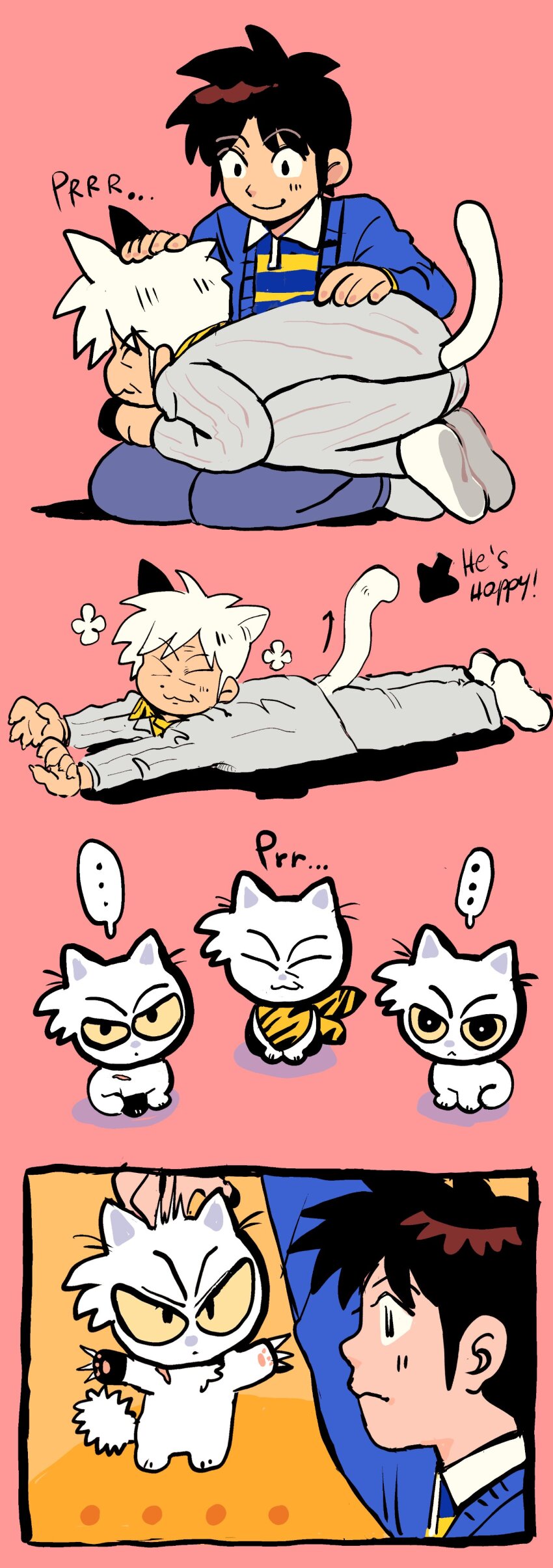 ... 2boys absurdres akagi_shigeru animal_ears animal_print animalization black_hair blue_cardigan blue_pants blue_shirt cardigan cat_boy cat_ears cat_tail closed_mouth commentary english_commentary fukumoto_mahjong full_body highres igawa_hiroyuki male_focus multiple_boys old old_man pants pink_background print_shirt shirt short_hair simple_background smile socks spoken_ellipsis stretching striped_clothes striped_shirt tail ten_(manga) tiger_print tzk6996 white_hair white_socks yellow_shirt