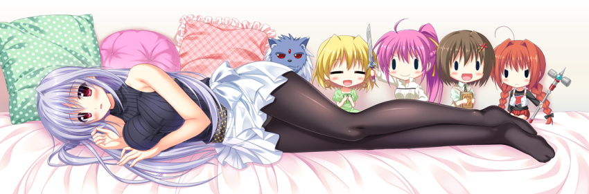 00s 1girl :d =_= bed_sheet black_pantyhose blush breasts character_doll doll endori female_focus graf_eisen hair_ornament laevatein_(nanoha) large_breasts light_purple_hair long_hair looking_at_viewer lying lyrical_nanoha mahou_shoujo_lyrical_nanoha mahou_shoujo_lyrical_nanoha_a&#039;s mahou_shoujo_lyrical_nanoha_innocent mahou_shoujo_lyrical_nanoha_strikers on_side open_mouth panties panties_under_pantyhose pantyhose pillow red_eyes red_hair reinforce ribbed_sweater shamal signum sleeveless sleeveless_turtleneck smile solo sweater turtleneck underwear very_long_hair vita_(nanoha) x_hair_ornament yagami_hayate zafira