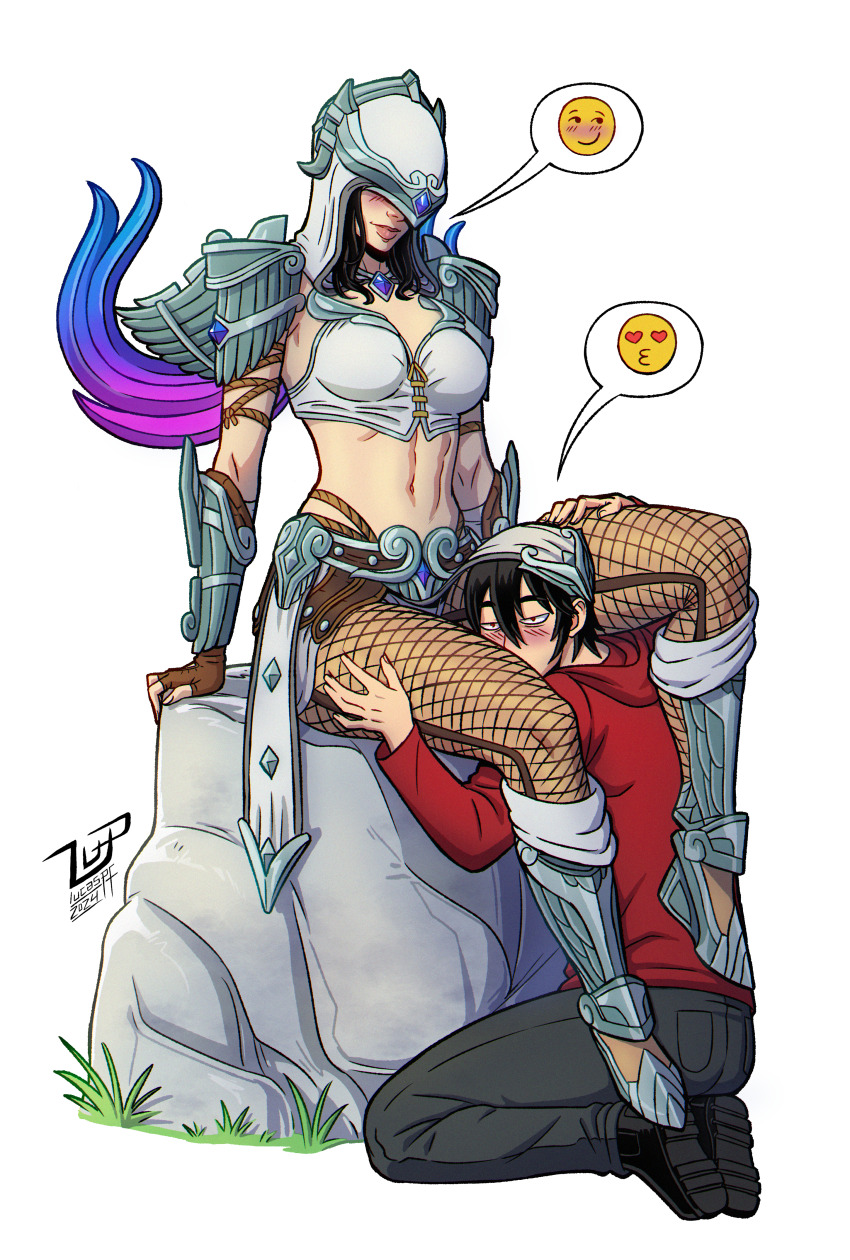 1boy 1girl absurdres armor black_hair blush boots breasts clothes_lift commission commissioner_upload crop_top face_mask fingerless_gloves fishnet_pantyhose fishnets flustered gloves grabbing_another&#039;s_thighs grey_panties head_between_thighs highres hood jewelry kiss kissing_thigh leggings legs lucaspflp mask medium_breasts navel necktie nemesis_(smite) panties pantyhose pteruges rope_thong simple_background sitting skirt skirt_lift smile smite thick_thighs thigh_grab thighs underwear veil white_background wings