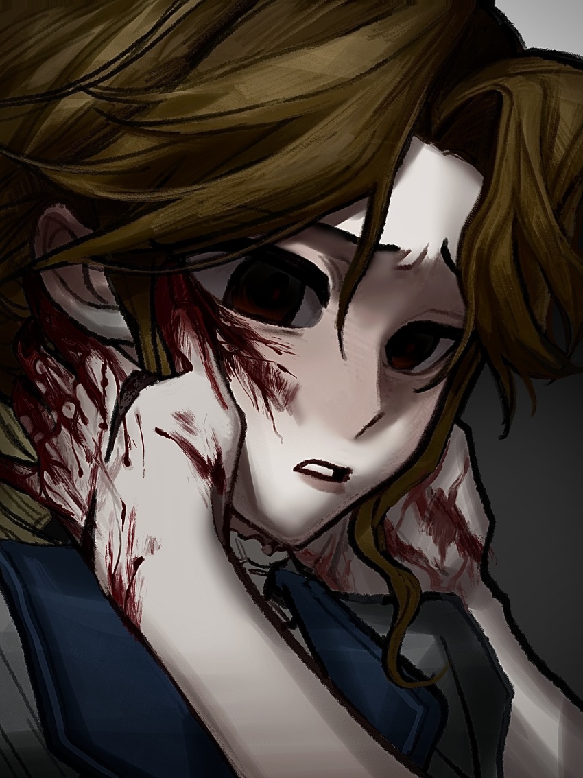1girl absurdres alice_deross beijingban18388 blonde_hair blood blood_on_face blood_on_hands brown_eyes chinese_commentary commentary_request curtained_hair empty_eyes grey_background grey_jacket hands_on_another&#039;s_cheeks hands_on_another&#039;s_face highres identity_v jacket lapels parted_bangs portrait shirt solo_focus white_shirt