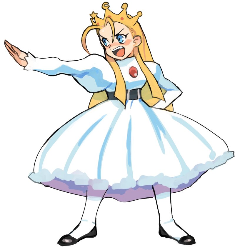1girl arm_behind_back black_shoes blonde_hair blue_eyes cyberbots devilot_de_deathsatan_ix dress full_body gan2 highres juliet_sleeves legs_apart long_hair long_sleeves medium_dress open_mouth outstretched_arm pantyhose puffy_sleeves shoes simple_background solo standing teeth tiara upper_teeth_only v-shaped_eyebrows white_background white_dress white_pantyhose