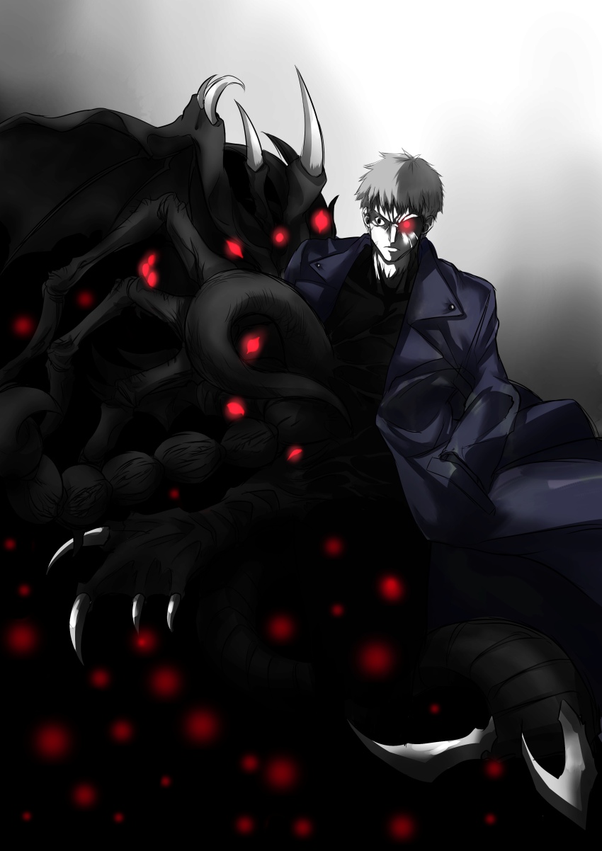 1boy absurdres angry black_coat black_eyes bug chiizu_ore claws coat extra_eyes floating_clothes grey_hair hands_in_pockets highres long_coat looking_at_another looking_at_self male_focus melty_blood monster muscular muscular_male nrvnqsr_chaos open_clothes open_coat pectorals red_eyes short_hair simple_background spikes summoning tsukihime vampire veiny_face