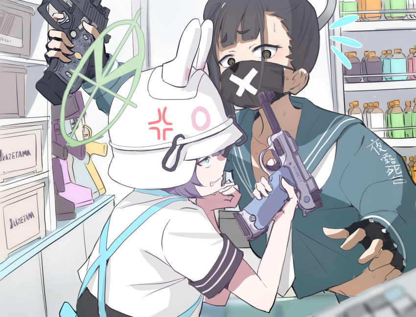 2girls apron black_hair blue_apron blue_archive blue_eyes clich51368861 fingerless_gloves gloves green_jacket grey_eyes gun hair_between_eyes handgun helmet highres holding holding_gun holding_weapon jacket lahti_l-35 mask mouth_mask multiple_girls purple_hair sailor_collar saki_(blue_archive) shirt shop side_ponytail sig_p220/p226 sig_sauer sukeban_(smg)_(blue_archive) surgical_mask sweatdrop weapon white_shirt