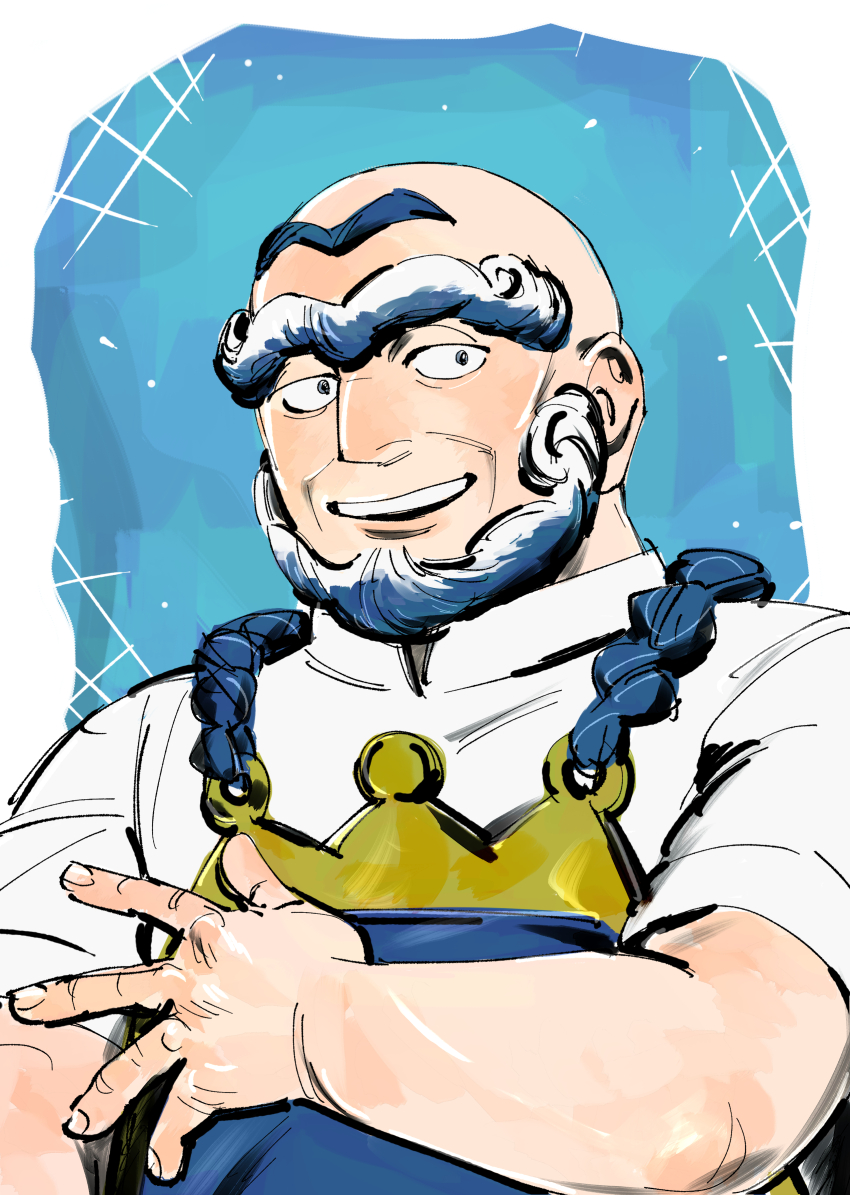 1boy absurdres apron bald beard blue_hair dnbsan facial_hair highres kofu_(pokemon) looking_at_viewer multicolored_hair nintendo old old_man open_mouth pokemon pokemon_sv shirt smile solo unibrow white_hair white_shirt