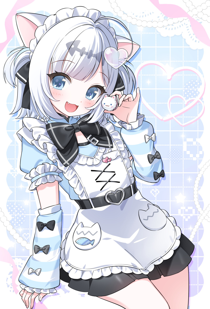 1girl :3 :d absurdres ahoge animal_ears apron belt black_belt black_bow black_bowtie blue_arm_warmers blue_dress blue_eyes bow bowtie candy cat_ears commission cowboy_shot dress dutch_angle fang food frilled_apron frills heart highres holding holding_candy holding_food light_blush looking_at_viewer maid maid_headdress open_mouth original poi1107 short_hair short_sleeves sidelocks skeb_commission smile solo striped_arm_warmers two_side_up white_apron white_arm_warmers white_hair
