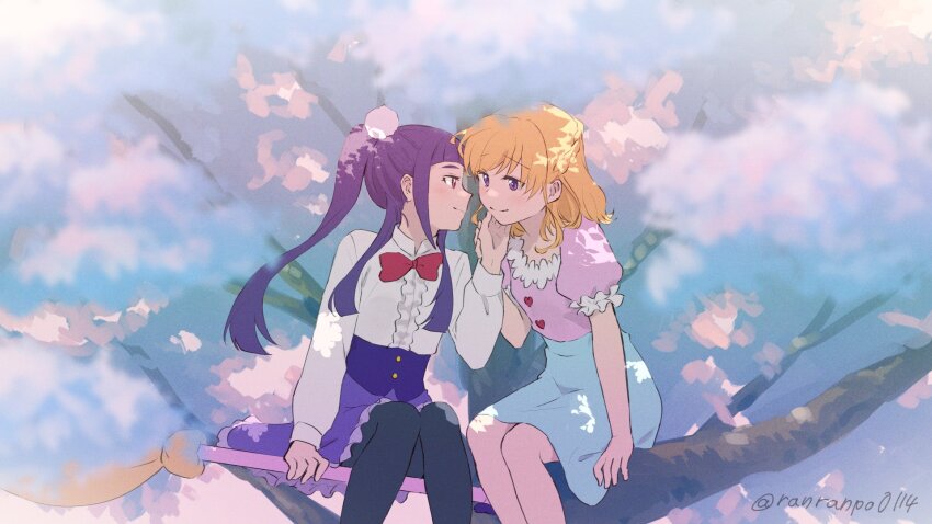 2girls artist_name asahina_mirai bow bowtie broom broom_riding cherry_blossoms corset couple day hand_on_another&#039;s_face highres izayoi_liko long_hair mahou_girls_precure! mahou_girls_precure!!_mirai_days medium_hair multiple_girls orange_hair outdoors pantyhose ponytail precure purple_eyes purple_hair ranranpo0114 sitting skirt smile tree yuri