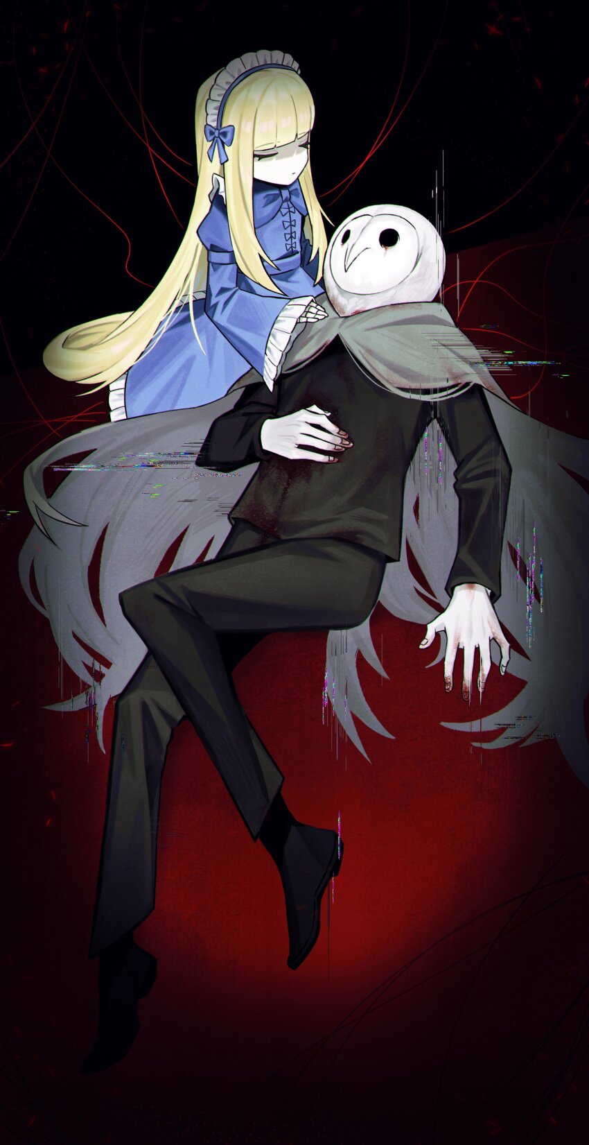 1boy 1girl absurdres alice_(black_souls) animal_head asdf1211950 black_footwear black_jacket black_pants black_souls black_souls_2 blonde_hair blood blood_on_clothes blue_bow blue_bowtie blue_dress bow bowtie cape closed_eyes closed_mouth doll_alice_(black_souls) dress frilled_sleeves frills glitch grey_cape highres jacket long_hair long_sleeves lorde_(black_souls) lying maid_headdress on_back owl_boy pants shoes sidelocks very_long_hair wide_sleeves