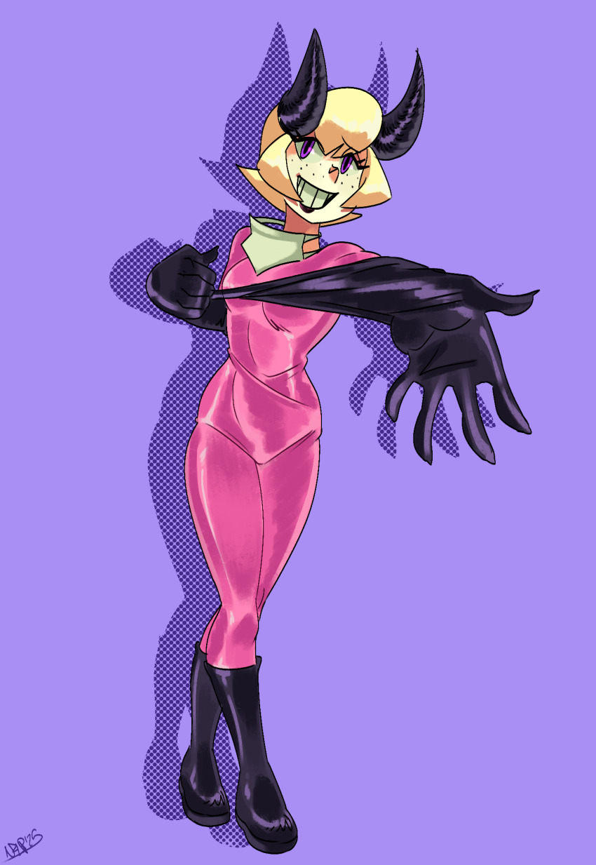 adjusting_clothes adjusting_gloves black_gloves black_lips blonde_hair bodysuit elbow_gloves freckles glove_pull gloves highres horns latex latex_bodysuit mask mouth_mask nrhp183 patty_(skullgirls) skullgirls source_request surgical_mask