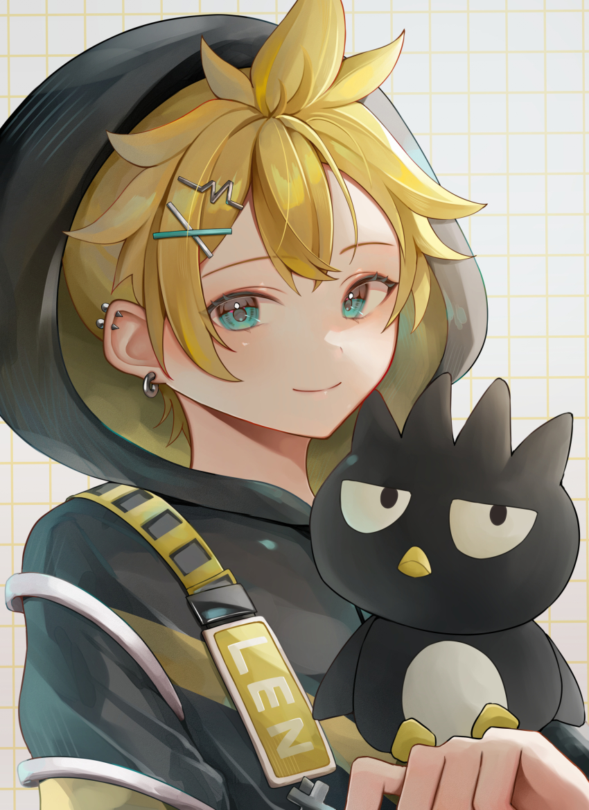 1boy absurdres aqua_eyes black_hood blonde_hair closed_mouth ear_piercing earrings hair_between_eyes hair_ornament hairclip headphones highres hisui_ame hood hood_up jewelry kagamine_len long_sleeves piercing sanrio short_hair solo vocaloid x_hair_ornament