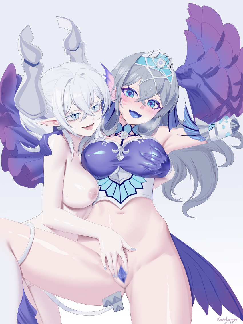 2girls absurdres blue_pussy blue_tongue breasts censored colored_pussy colored_tongue commentary_request cowboy_shot demon_girl demon_horns demon_tail duel_monster fangs fins grabbing_another&#039;s_breast grabbing_from_behind grey_hair groping hand_under_clothes head_fins highres horns kitkallos_(yu-gi-oh!) lipstick lipstick_mark lipstick_mark_on_face lipstick_mark_on_neck long_hair lovely_labrynth_of_the_silver_castle makeup multiple_girls nipples nude open_mouth pointy_ears pussy rare_lemon saliva saliva_trail spread_pussy tail tearlaments_kitkallos yu-gi-oh! yuri