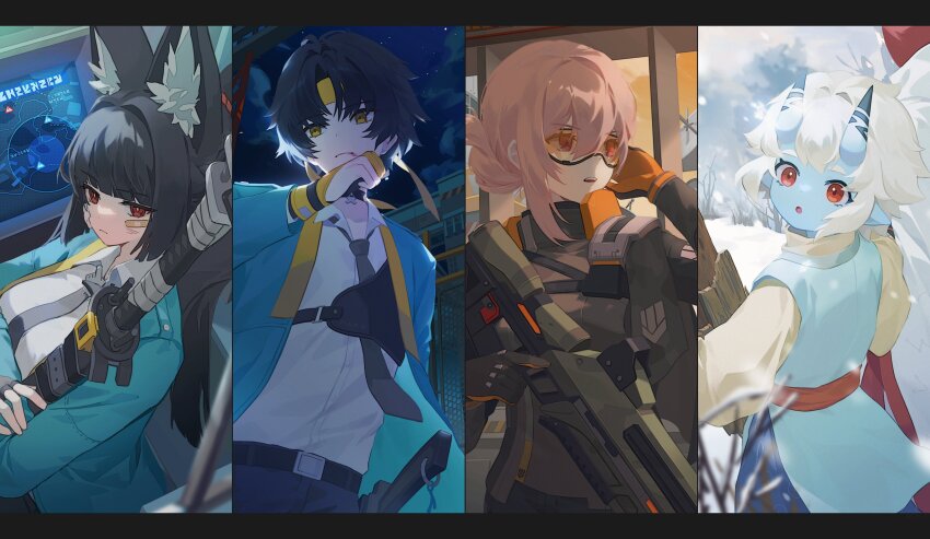 1boy 3girls absurdres animal_ear_fluff animal_ears aqua_jacket asaba_harumasa assault_rifle bandage_on_face bandages belt black_belt black_choker black_hair black_necktie blood blood_from_mouth blue_oni blue_skin blunt_bangs choker colored_skin fox_ears fox_girl gloves goggles gun hair_between_horns headband highres holding holding_sword holding_weapon horns hoshimi_miyabi jacket katana letterboxed military_combat_uniform military_operator military_uniform multicolored_horns multiple_girls necktie night night_sky oni parted_bangs partially_fingerless_gloves pink_hair red_eyes ri_eul_fd rifle sheath sheathed sky soukaku_(zenless_zone_zero) sword tinted_eyewear tsukishiro_yanagi two-tone_horns weapon winter winter_clothes yellow_eyes yellow_headband zenless_zone_zero