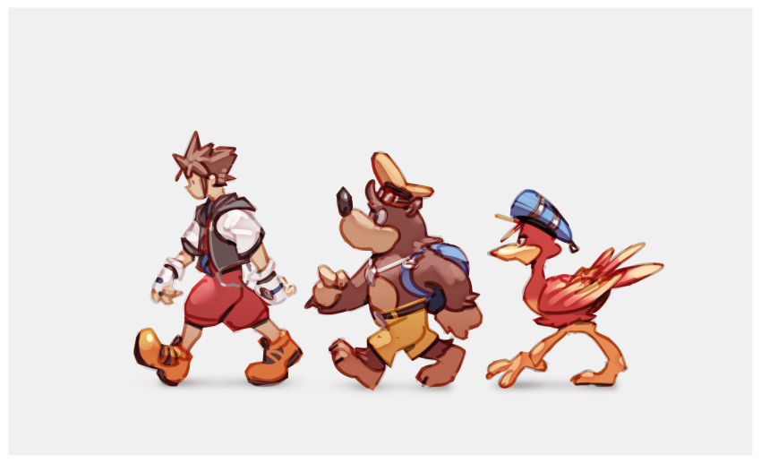 1boy banjo-kazooie banjo_(banjo-kazooie) bear bird blue_eyes brown_hair cosplay disney donald_duck gloves goofy hat highres jewelry kazooie_(banjo-kazooie) keyblade kingdom_hearts kingdom_hearts_i male_focus necklace nin_nakajima nintendo short_hair shorts smile sora_(kingdom_hearts) spiked_hair square_enix super_smash_bros.