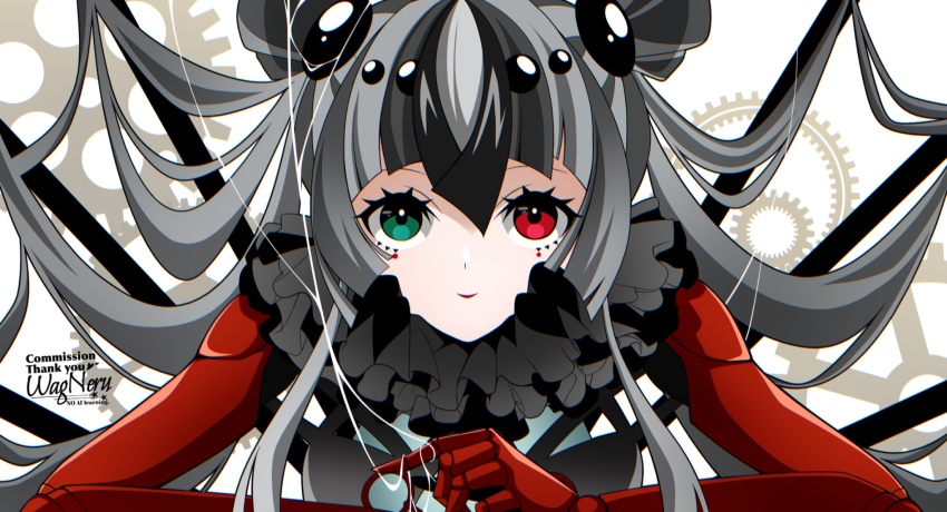 1girl black_hair black_vest breasts doll_joints fate/grand_order fate_(series) gears green_eyes grey_hair hair_between_eyes heterochromia highres joints kashin_koji_(fate) kashin_koji_(third_ascension)_(fate) long_hair looking_at_viewer medium_breasts multicolored_hair neck_ruff red_eyes sidelocks smile solo very_long_hair vest wagu_neru white_hair