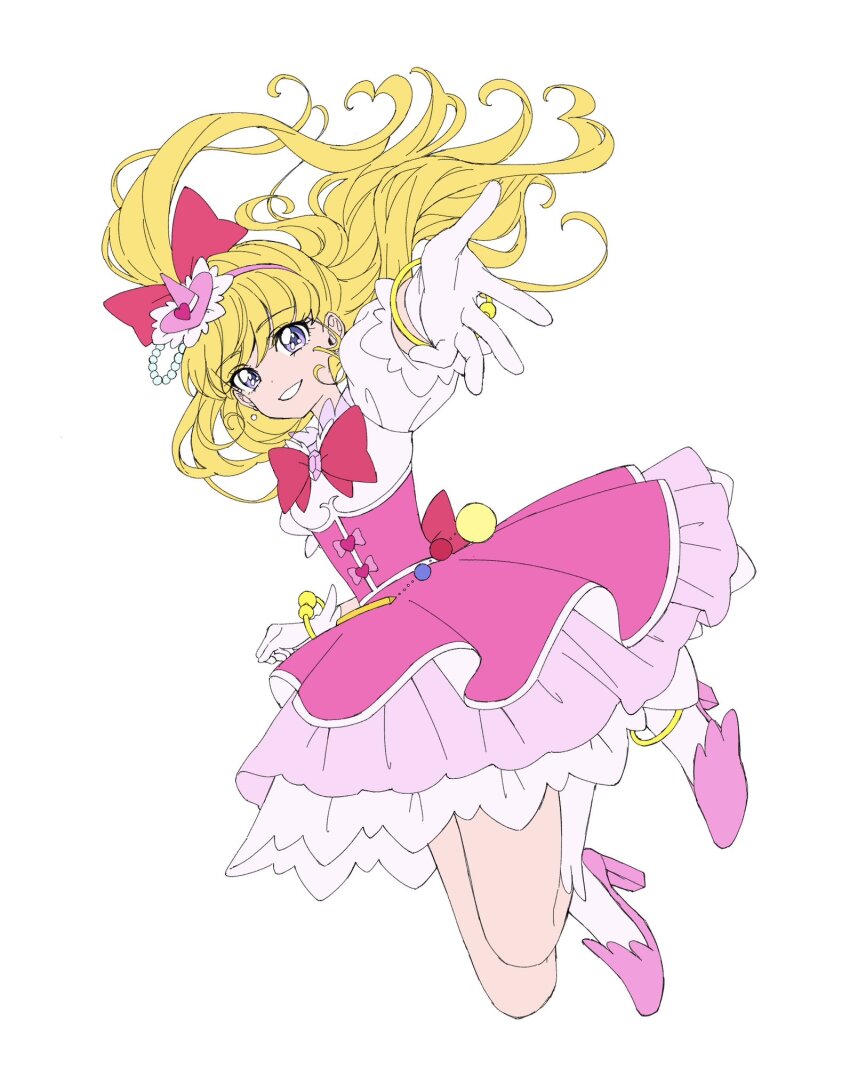 1girl anklet asahina_mirai back_bow blonde_hair bow bowtie bracelet brooch circle_skirt collared_dress cure_miracle dress floating_hair full_body gloves grin hair_bow hairband hat high_heels highres jewelry kneehighs long_hair looking_at_viewer mahou_girls_precure! mini_hat pink_bow pink_bowtie pink_dress pink_shoes ponytail precure puffy_short_sleeves puffy_sleeves reaching reaching_towards_viewer shirako_love shoes short_sleeves simple_background smile socks solo very_long_hair white_background white_gloves white_socks witch_hat