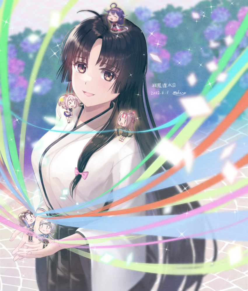 6+girls ahoge artist_name black_hair black_hakama brown_eyes brown_hair chitose_(kancolle) chiyoda_(kancolle) dated flower grey_hair hair_flower hair_ornament hakama high_ponytail highres japanese_clothes kantai_collection light_brown_hair long_hair long_sleeves low_twintails medara multiple_girls pink_flower pink_hair ponytail purple_flower purple_hair ryuuhou_(kancolle) ryuuhou_kai_ni_(kancolle) sazanami_(kancolle) shouhou_(kancolle) signature taigei_(kancolle) twintails very_long_hair wide_sleeves zuihou_(kancolle)