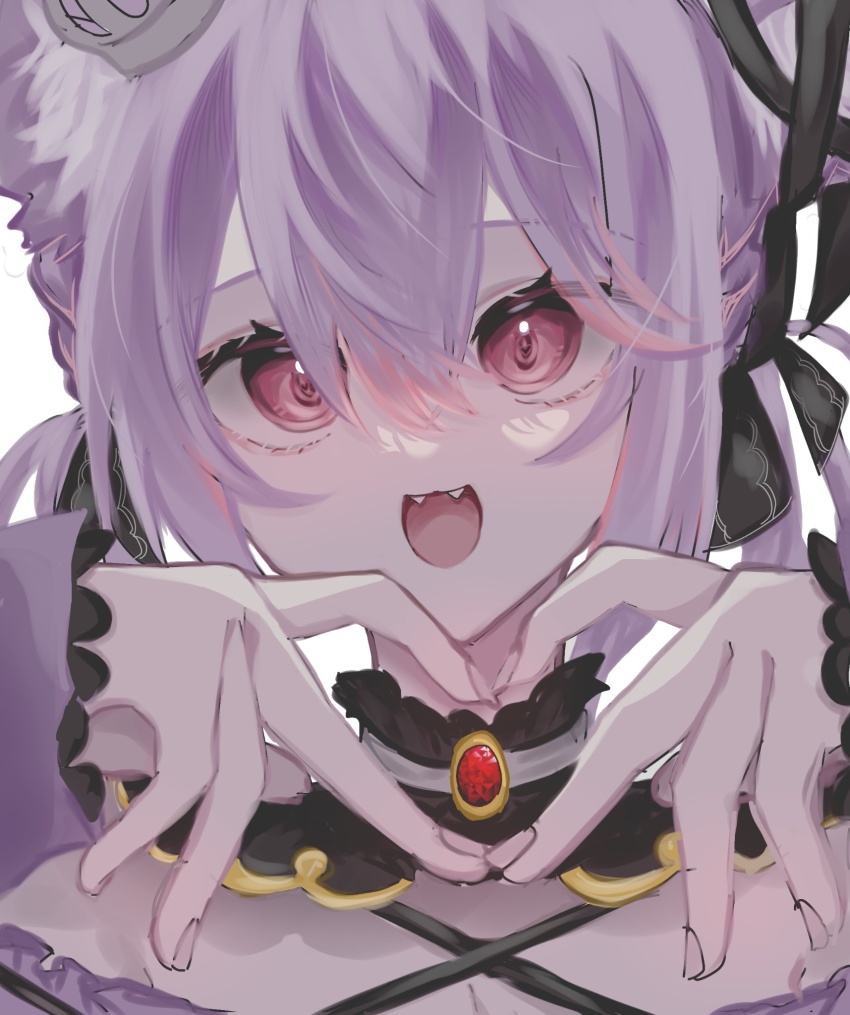 1girl animal_ear_fluff animal_ears black_bow black_collar black_ribbon bow cat_ears cat_girl collar commentary criss-cross_halter detached_collar ear_ribbon fangs hair_between_eyes hair_bow halterneck heart heart_hands highres ina_uruu long_bangs long_hair multicolored_hair nanashi_inc. neruneuuu open_mouth pink_eyes pink_hair portrait purple_hair ribbon simple_background smile solo two-tone_hair virtual_youtuber white_background