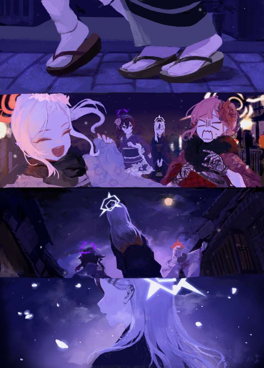 4girls absurdres aru_(blue_archive) aru_(new_year)_(blue_archive) bag black_gloves black_kimono black_sash blank_eyes blue_archive closed_eyes closed_mouth demon_girl demon_horns ear_piercing ekubokayo floral_print floral_print_kimono flower from_behind from_side gloves hair_behind_ear hair_between_eyes hair_flower hair_ornament handbag haruka_(blue_archive) haruka_(new_year)_(blue_archive) highres holding holding_bag horns japanese_clothes kayoko_(blue_archive) kayoko_(new_year)_(blue_archive) kimono laughing long_hair looking_at_another multicolored_hair multiple_girls mutsuki_(blue_archive) mutsuki_(new_year)_(blue_archive) night obi open_mouth piercing pink_flower print_kimono purple_eyes purple_flower purple_hair purple_kimono purple_sash red_bag red_flower red_hair red_kimono sandals sash sidelocks snowing socks sweatdrop white_hair white_kimono white_socks wide_sleeves