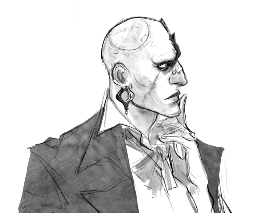 bald black_vest bow bowtie collared_shirt corpsachriste earrings efron_weisz formal_clothes from_side head_mark highres identity_v jewelry male_focus monochrome nose_piercing piercing portrait scar scar_on_face shirt single_earring suit thinking vest