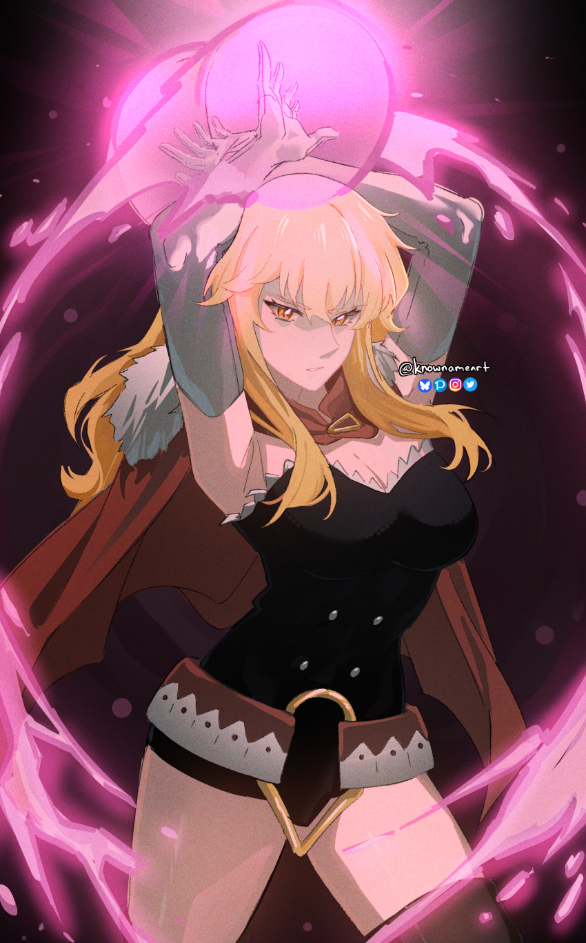 1girl absurdres armpits arms_behind_back artist_name black_leotard blonde_hair breasts brown_eyes cape cleavage elbow_gloves fur-trimmed_cape fur_trim gina_(solo_leveling) gloves hair_between_eyes highres knowname large_breasts leotard looking_at_viewer magic medium_hair open_mouth red_cape shadow solo solo_leveling white_gloves