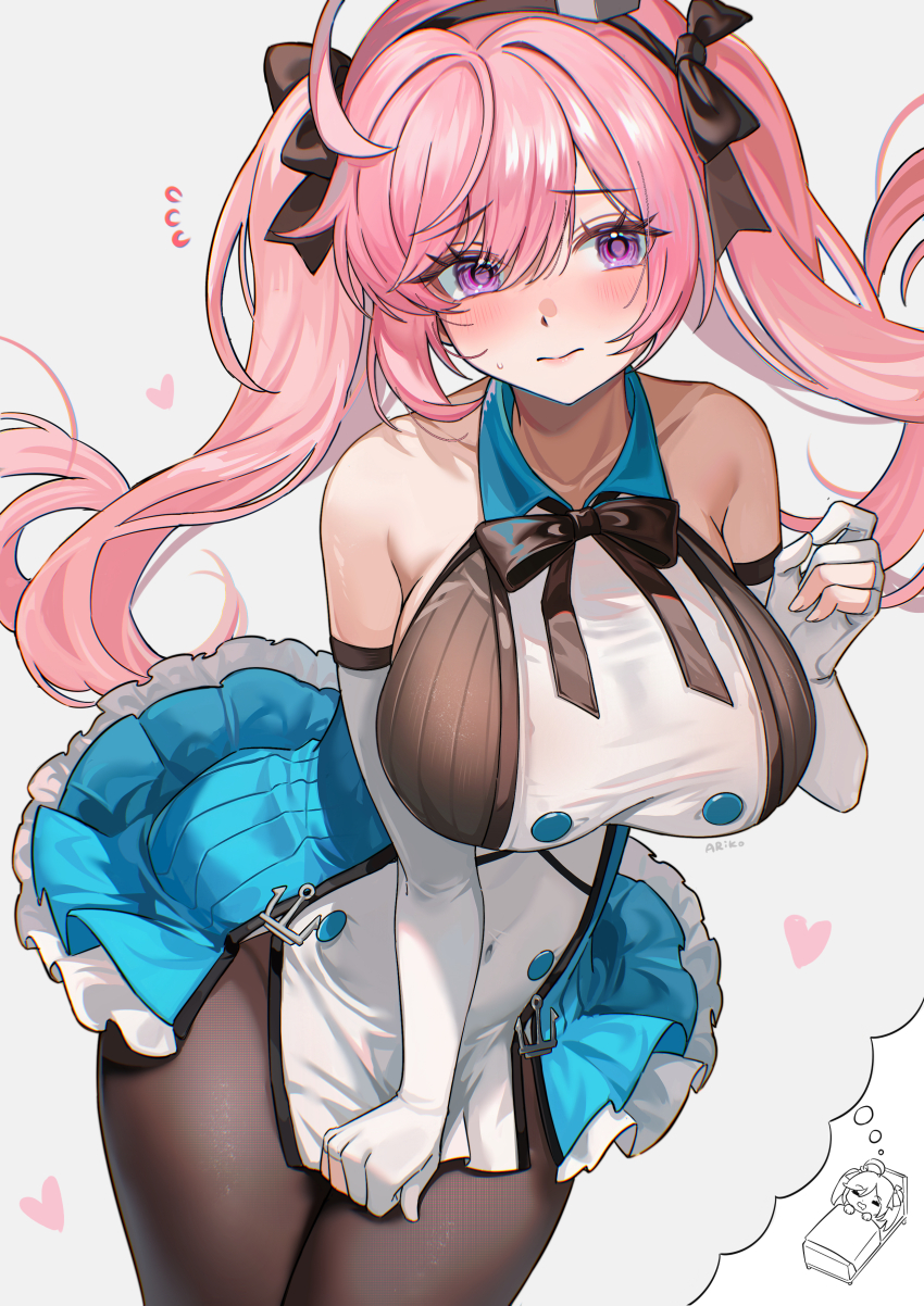 1girl absurdres aged_up alternate_breast_size ariko_(aaaaarik) azur_lane black_ribbon blue_dress blush breasts brown_pantyhose closed_mouth collarbone commentary dreaming dress dress_tug elbow_gloves english_commentary flying_sweatdrops gloves hair_ribbon heart highres huge_breasts looking_at_viewer pantyhose partially_fingerless_gloves pink_eyes pink_hair pulling_own_clothes ribbon saratoga_(azur_lane) solo speech_bubble thighs thought_bubble twintails white_gloves
